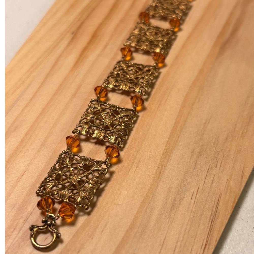 Boho Gold Tone Filigree Link Bracelet Amber Crystal Moroccan Renaissance Style